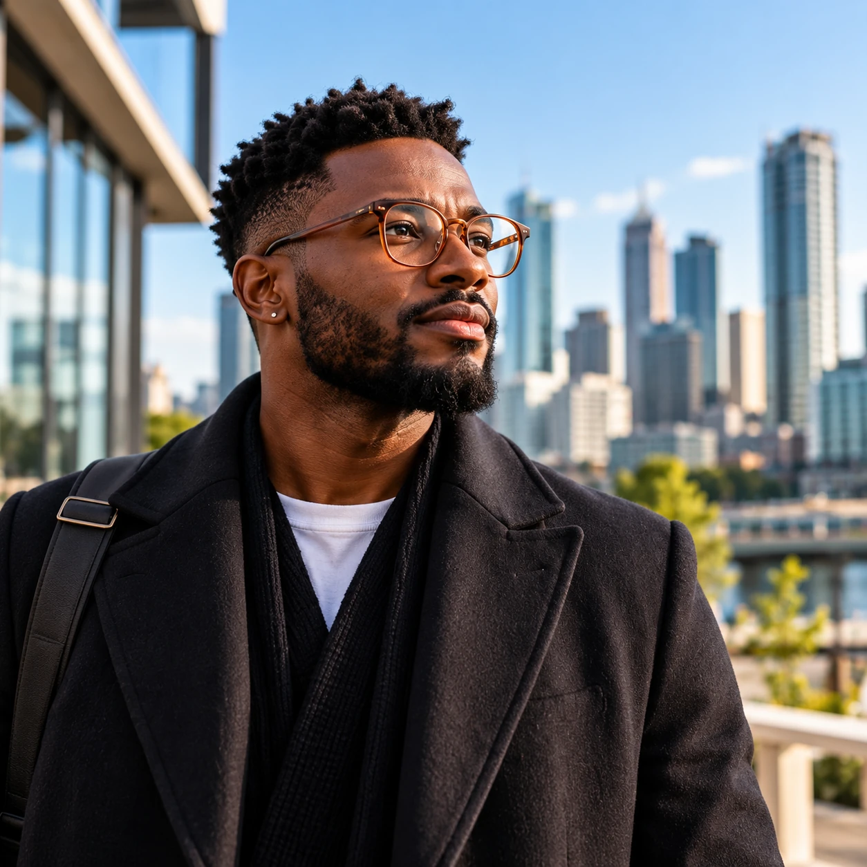 A professional wearing glasses, with a city backdrop